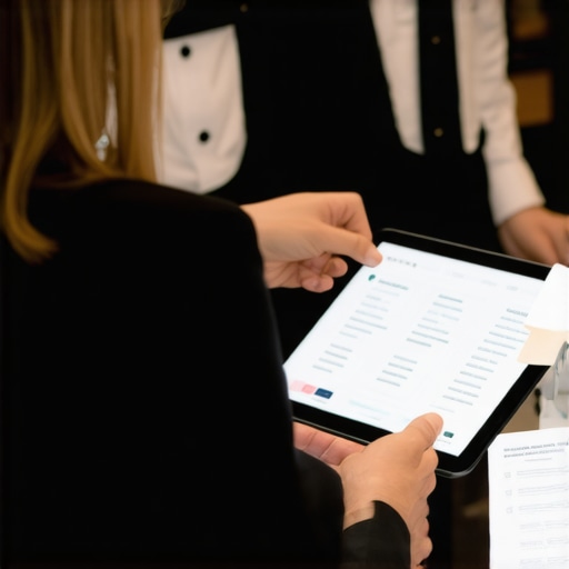 Catering staff accessing guest preferences on tablets during a wedding reception.