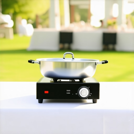 A portable induction stove set up outdoors with catering accessories, suitable for wedding events.