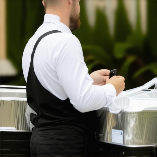 A delivery driver with GPS device and insulated catering carriers delivering food at a wedding venue.