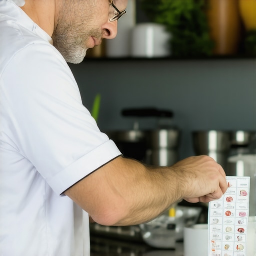 Chef carefully reviews ingredient labels for allergen safety in a professional kitchen.