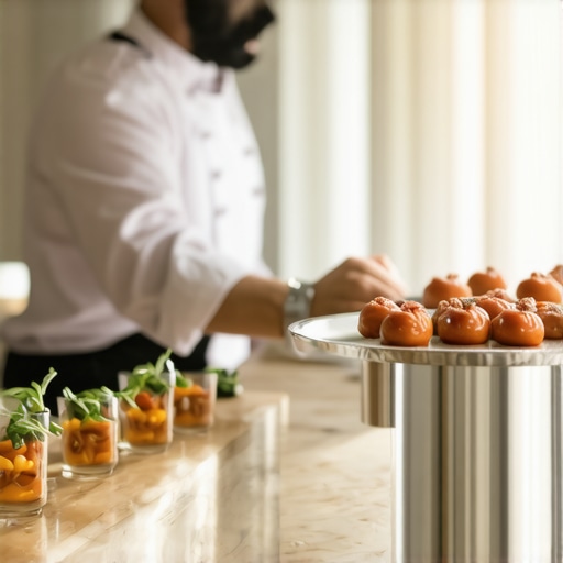 Private Chef at Wedding A professional private chef preparing gourmet dishes at a wedding reception