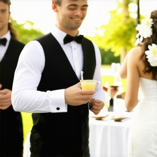Professional Wedding Staff in Action Wedding servers meticulously attending to guests at outdoor wedding reception.