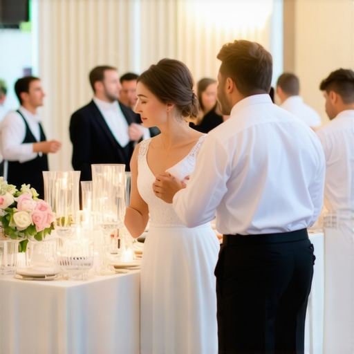Servers helping guests at a luxurious wedding reception