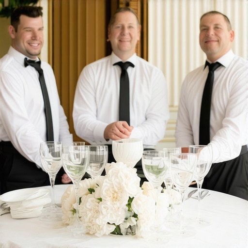 Wedding servers in elegant attire providing attentive service to guests
