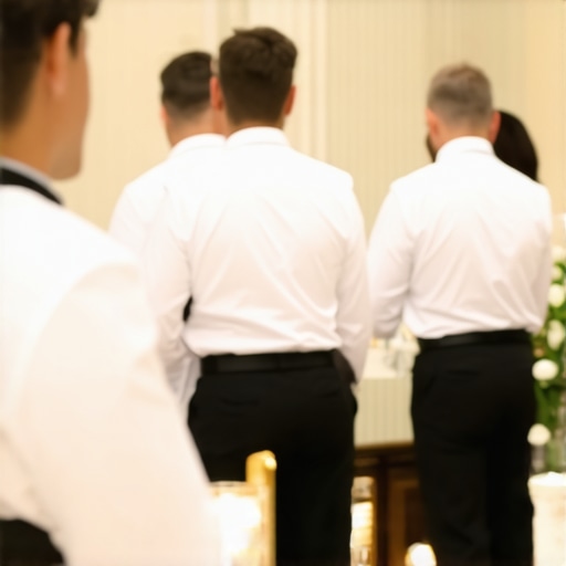 Wedding servers in uniform offering excellent service at a luxurious wedding reception