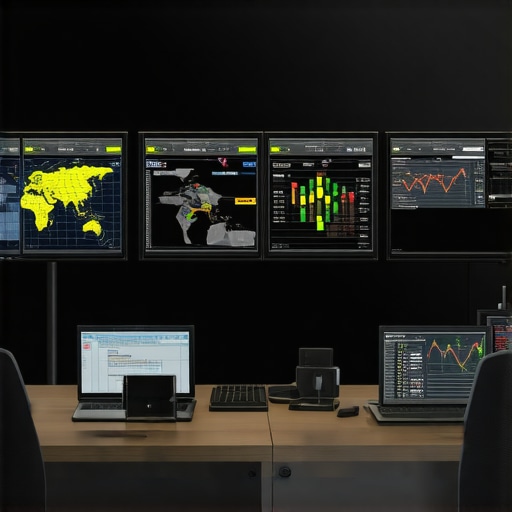 A control room with multiple screens showing GPS tracking and delivery stats for luxury catering.