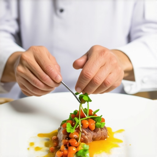 Chef performing delicate finishing touches on a dish using professional tools under proper lighting.