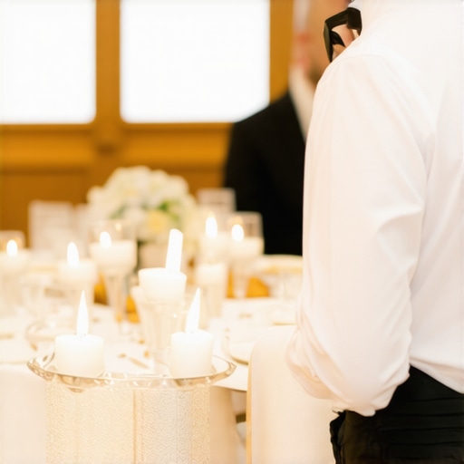 A professional server in formal wear quietly attending to guests at an upscale wedding