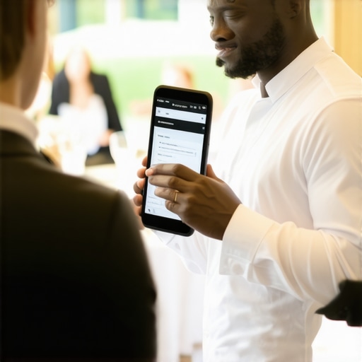 Seamless Wedding Catering Coordination Catering staff using wireless communication tools to manage service flow at a wedding reception