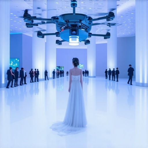 Modern wedding venue equipped with drone deliveries and interactive digital displays.