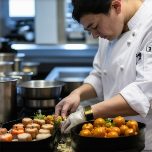 Chef working in a modern kitchen preparing ingredients for a high-end event.