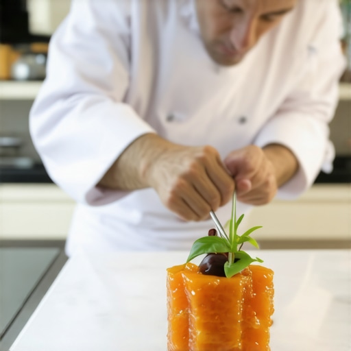 Chef creatively plating a molecular gastronomy dish using advanced techniques in a stylish kitchen.