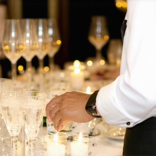 Professional server in formal wear engaging with guests in an opulent setting.