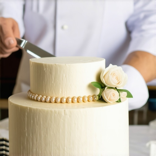 Professional server slicing a wedding cake with finesse