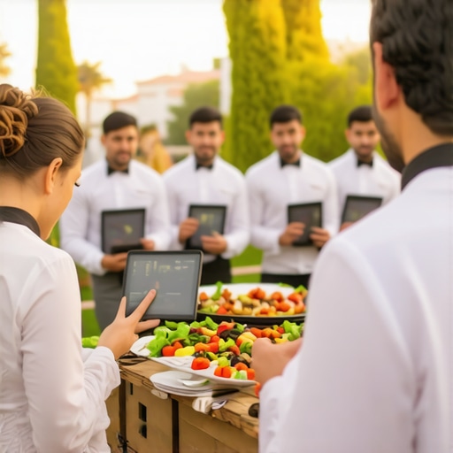 Catering staff using digital route optimization tools in an elegant outdoor wedding environment.