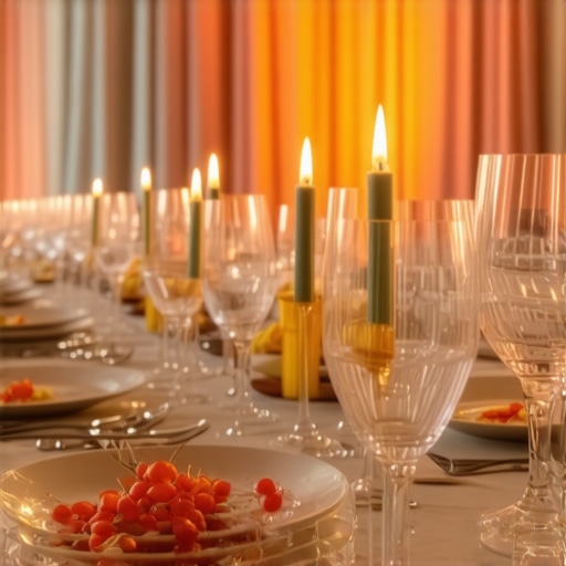 A beautifully arranged wedding dinner with artistic dishes and ambient lighting.