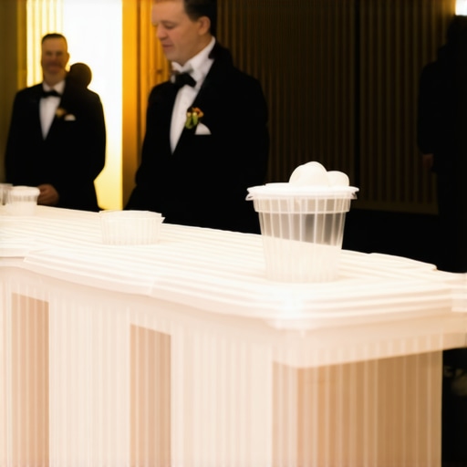 Wedding delivery staff setting up food service with insulated containers and elegant decor.