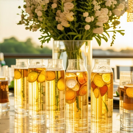 Stylish wedding water station with infused waters and floral decorations.