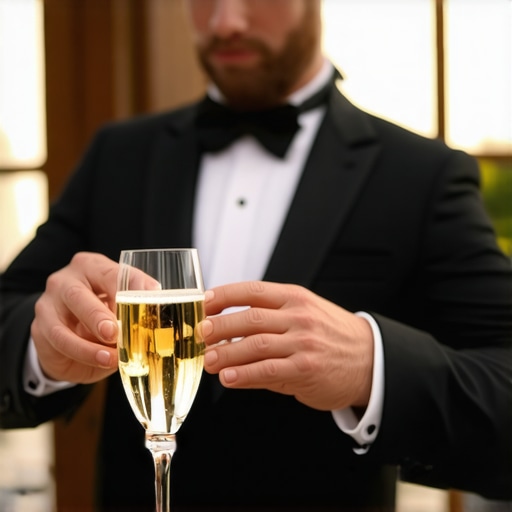 Sophisticated Wedding Server in Action Wedding server in tuxedo pouring champagne at a luxury event