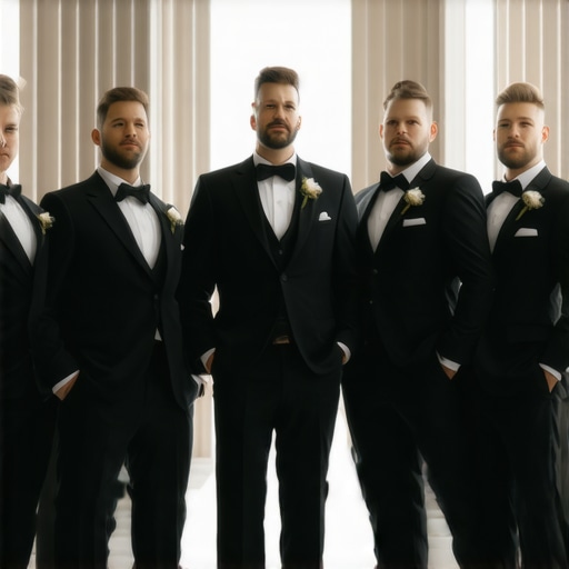 Wedding servers dressed in tailored uniforms with discreet embroidery and high-quality fabrics