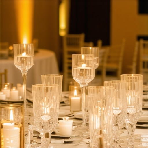 Sophisticated wedding ambiance with personalized touches Wedding reception scene featuring elegant decor, ambient lighting, and personalized details.