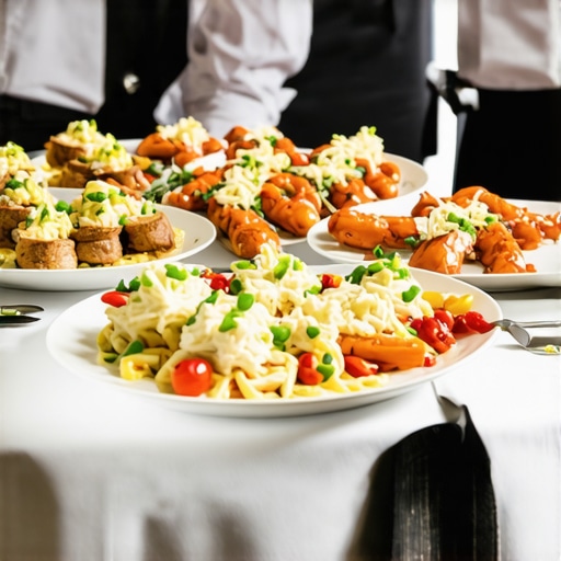 Sophisticated wedding dining scene with professional staff Wedding reception showcasing professional servers and gourmet dishes