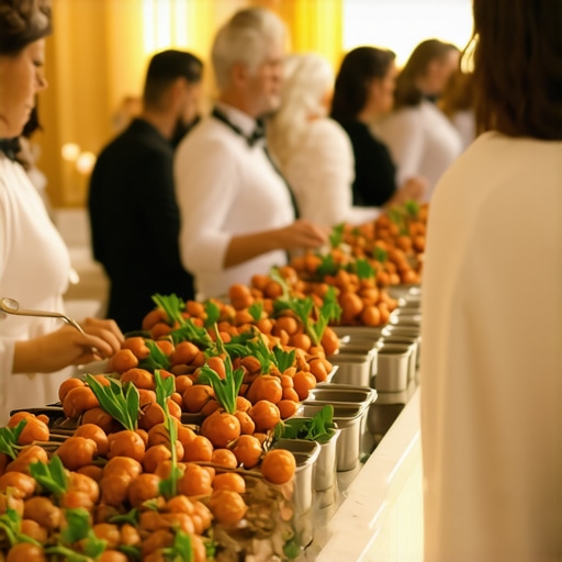 Guests selecting food at a contemporary wedding buffet with sophisticated decor