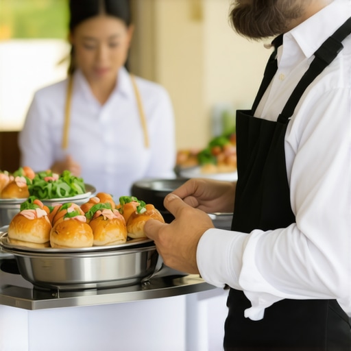 Catering staff using digital tracking devices to coordinate food delivery at a wedding
