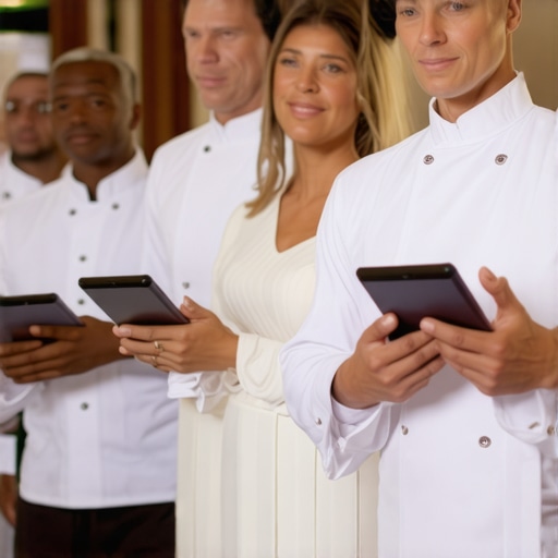 Tech-Enhanced Wedding Service Wedding servers coordinating with digital devices during a sophisticated wedding reception.