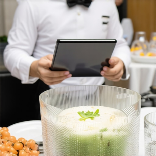 Wedding servers using tablets and digital screens to coordinate service for guests