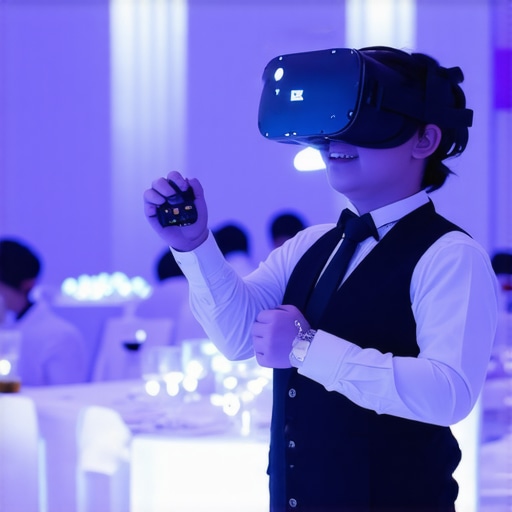 Wedding staff immersed in virtual reality training environment at a luxurious venue.