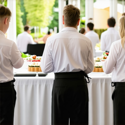 Wedding Catering Delivery Coordination in Elegant Venue Caterers managing food delivery in a luxurious wedding venue with indoor and outdoor spaces.