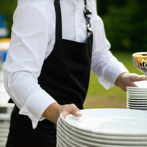 Catering staff in formal attire delivering plated dishes at a scenic outdoor wedding venue.