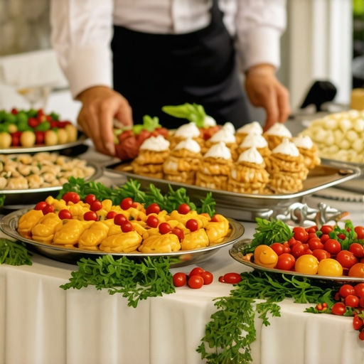 Professional servers arranging a wedding buffet with decorative elements