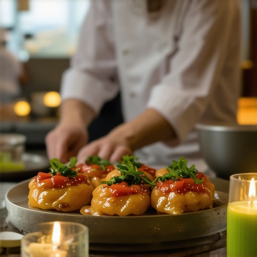 Professional wedding servers and chef preparing food in an elegant setting
