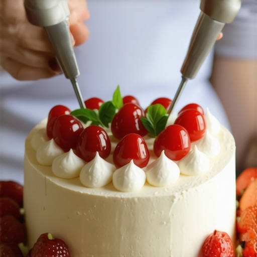 Chef meticulously garnishing a wedding dessert with tools under lighting