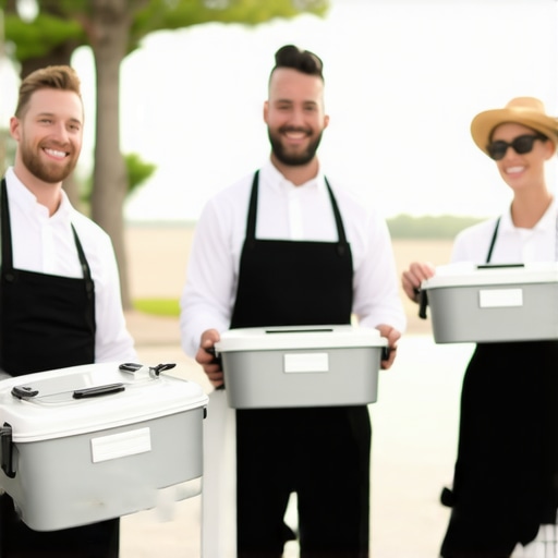 Wedding Food Delivery in Action Catering staff delivering food with insulated containers at a wedding reception.