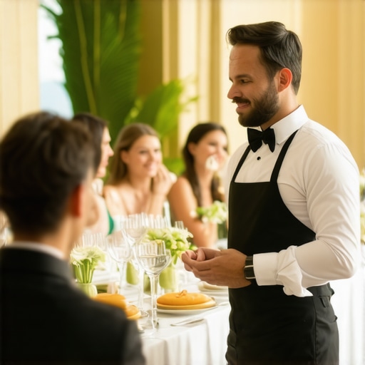 Wedding server providing attentive service to guests in a high-end wedding reception.