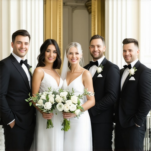Wedding Staff Collaboration A team of wedding servers and coordinators working together seamlessly in a luxury event setting.