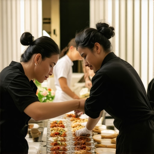 Wedding catering team coordinating logistics Catering staff coordinating delivery and setup at a wedding venue, highlighting teamwork.
