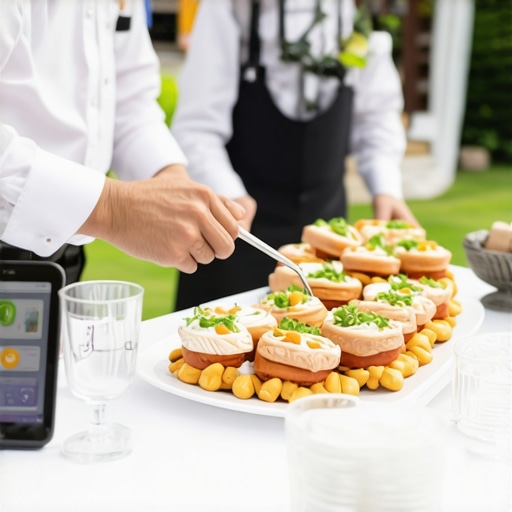 Catering delivery team using tracking devices to coordinate supply delivery at an elegant outdoor wedding