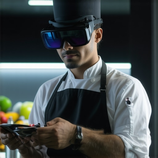 Private chefs collaborating with augmented reality technology in a high-end kitchen
