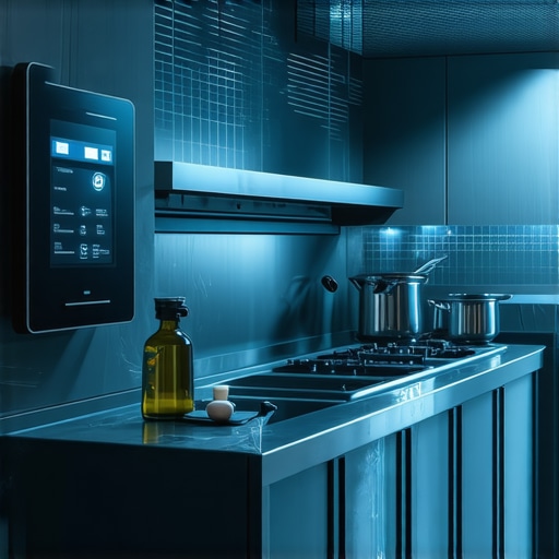 Advanced Hygiene Technologies in Modern Catering Futuristic kitchen integrating digital hygiene monitoring tools and IoT-enabled sterilization units.