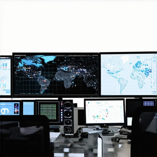 Advanced Logistics Command Center A modern control room with screens showing real-time delivery routes and network status