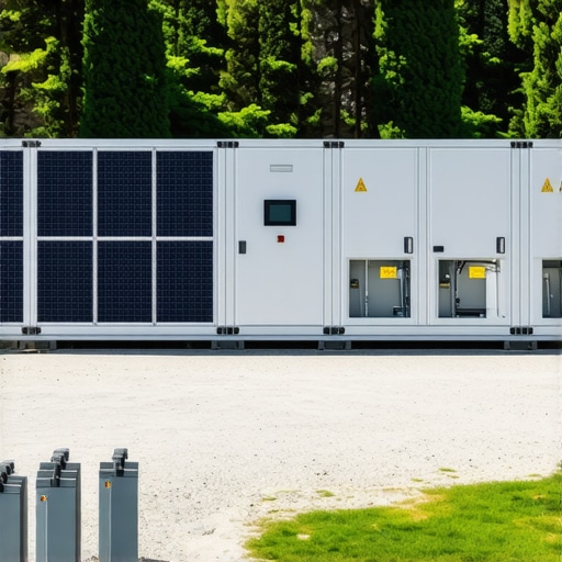 Modern modular backup power systems with solar panels and batteries at upscale wedding venue