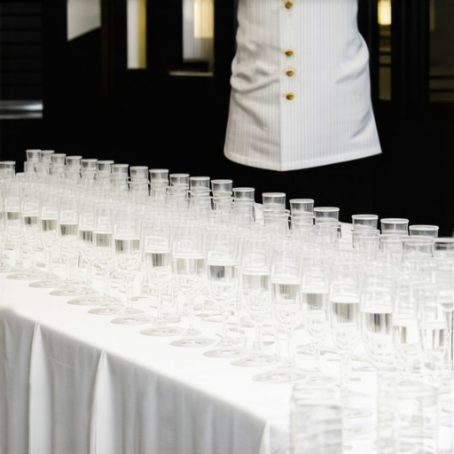 Wedding servers with discreet sensors monitoring water glasses at an elegant event.