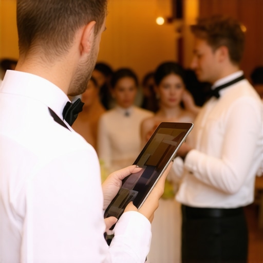 Advanced Wedding Logistics with Data Tech Servers coordinating a wedding reception using digital devices for efficient service