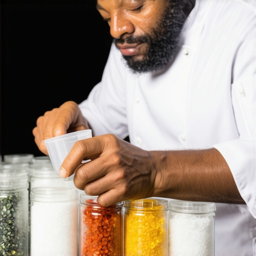 Artisanal Salt Selection Chef examining mineral-rich salts in a natural setting, emphasizing sustainability and quality.
