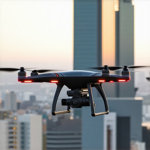 Autonomous Drones for High-Rise Food Delivery A drone flying near skyscrapers delivering food in an urban environment