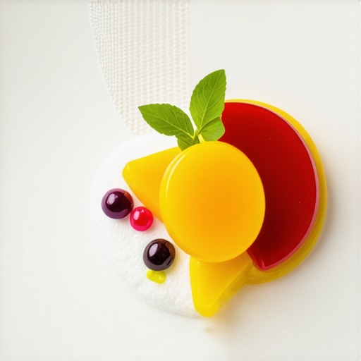 Elegant wedding plate showcasing innovative molecular gastronomy techniques with foam and edible garnishes.